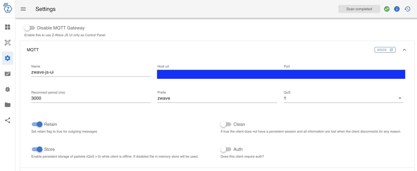 Z-Wave JS UI Configuration MQTT