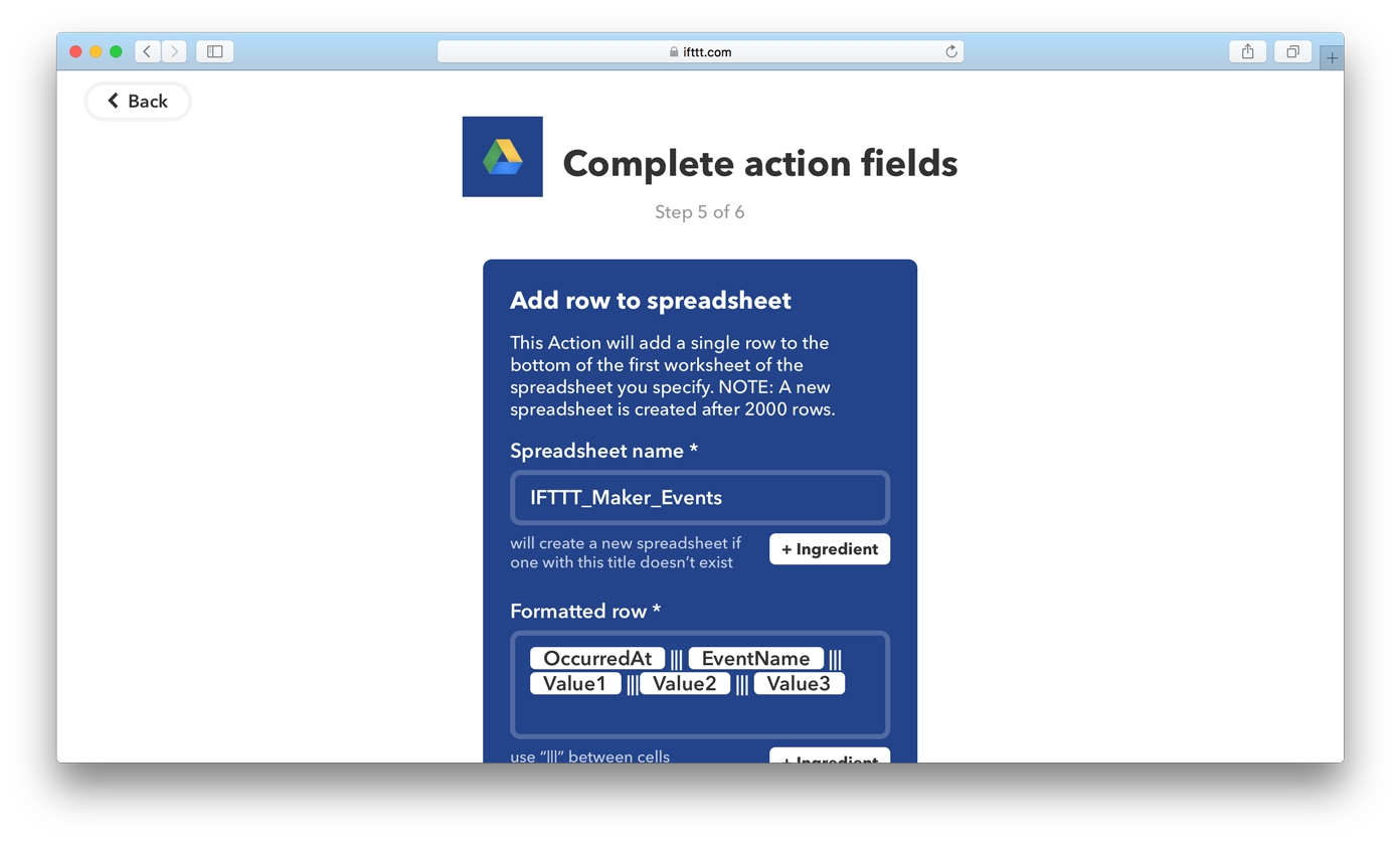 Add row to spreadsheet IFTTT