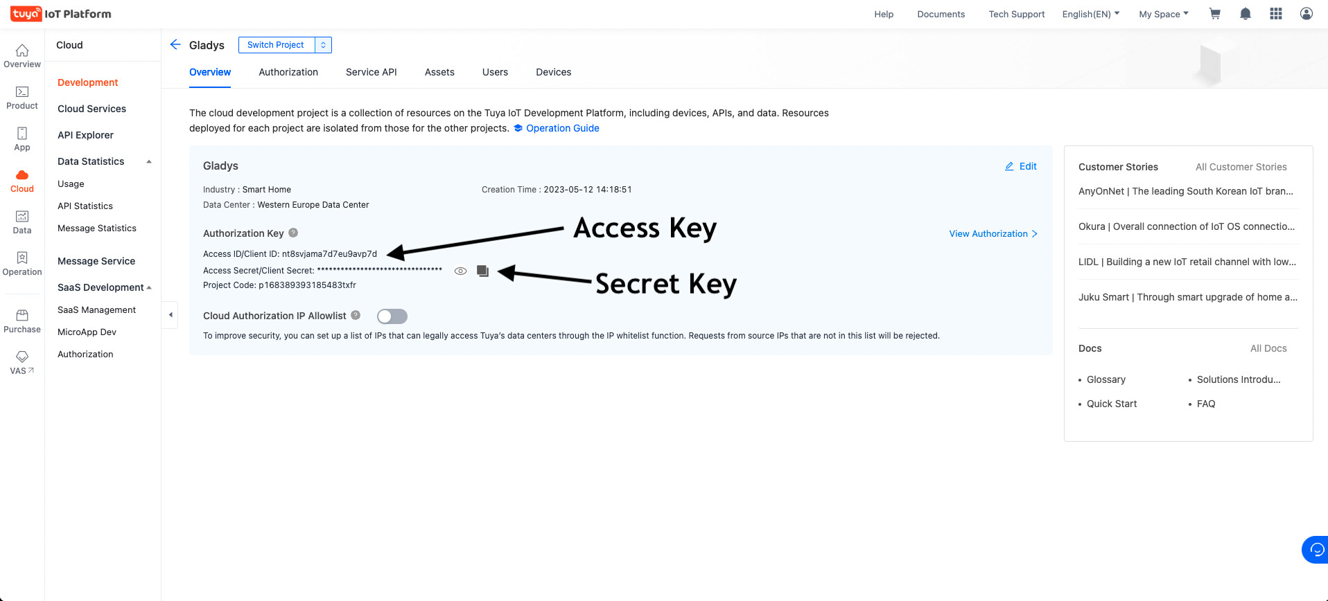 Tuya Gladys integration, access id and access secret