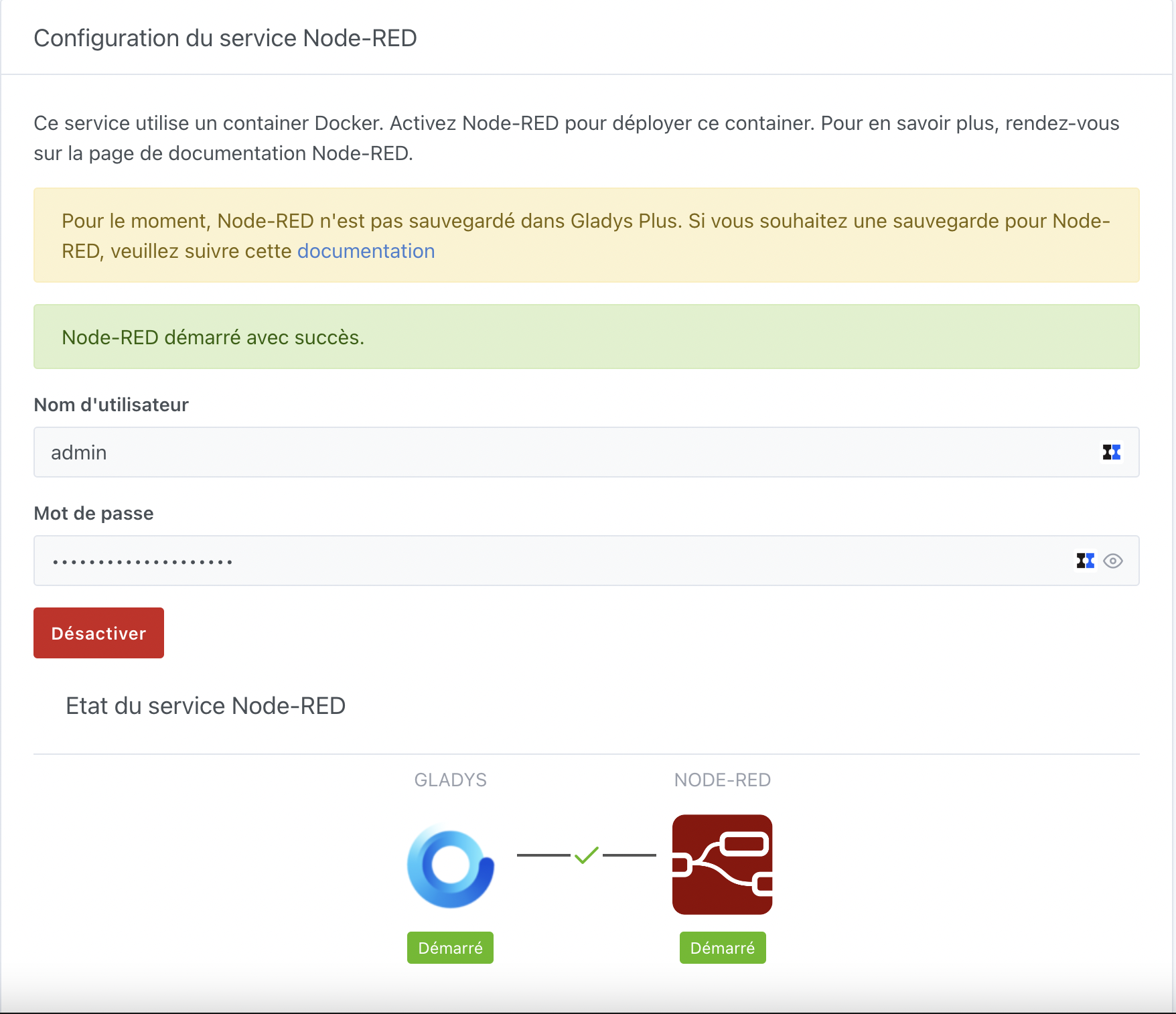 Etat des services Node-RED