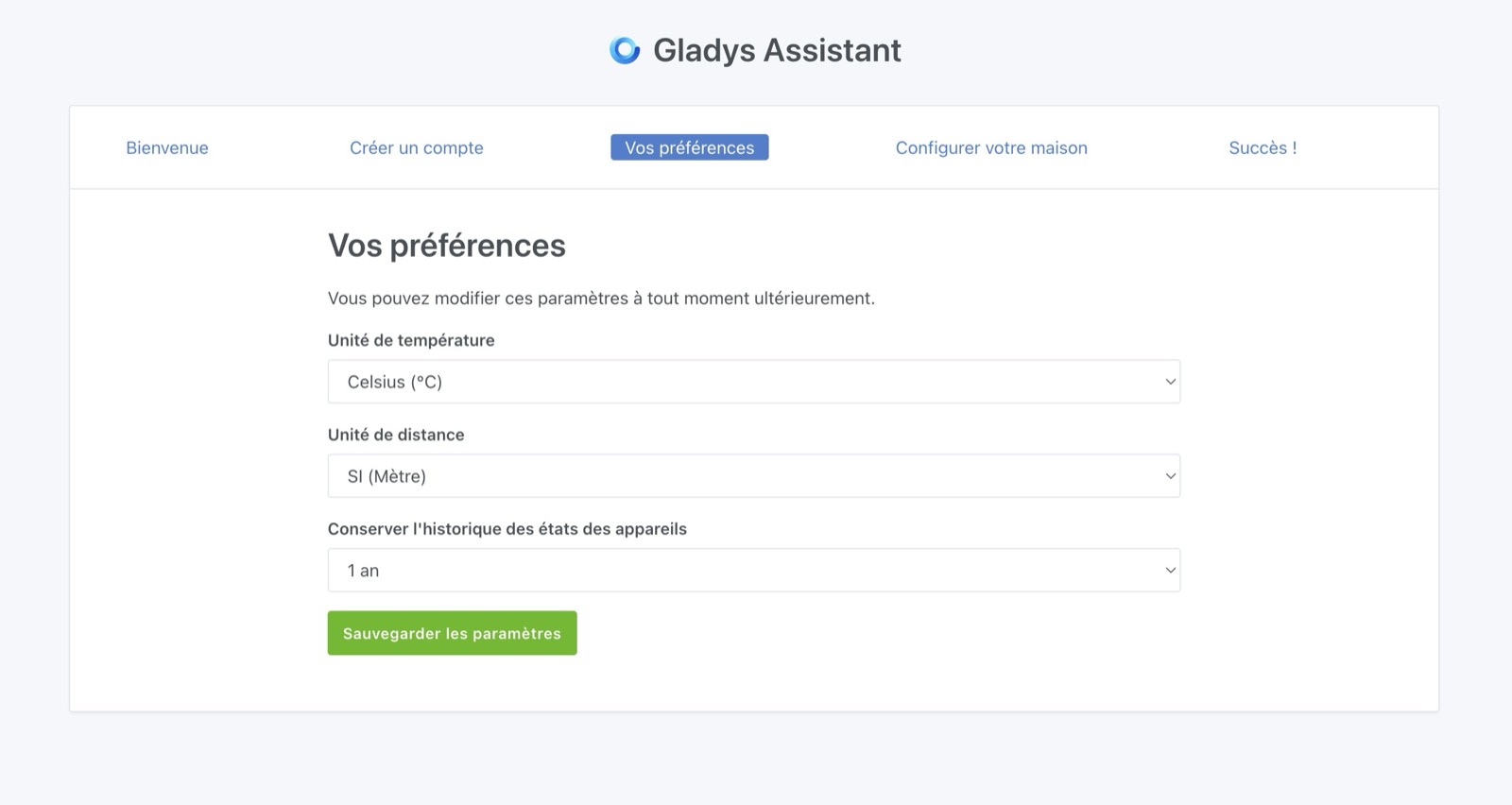 Définir préférences compte local Gladys