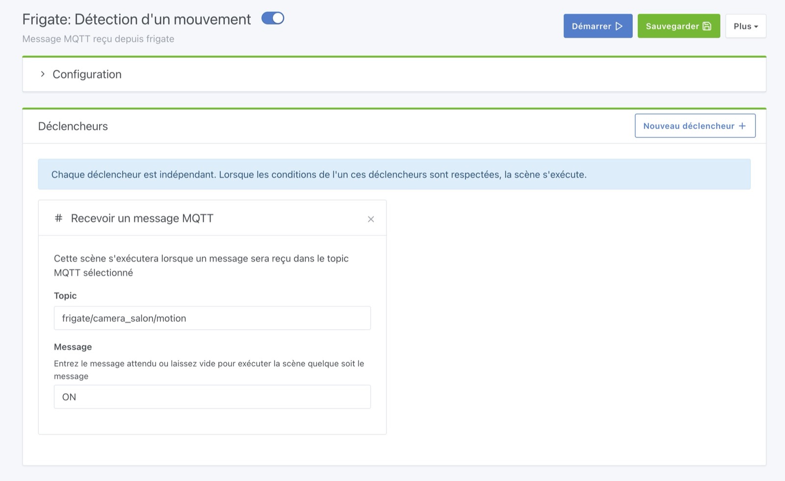 Scène réception d&#39;un message MQTT Gladys