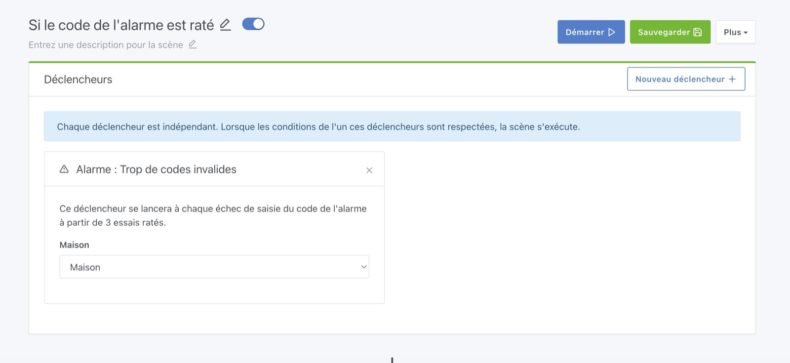 Alarm mauvais code scène